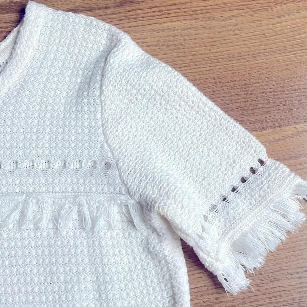 J Crew fringe short sleeve sweater white 100% cotton size small top NWOT